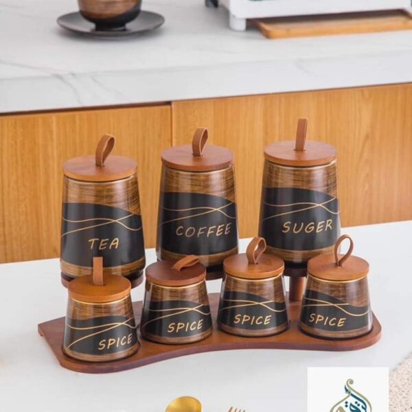 طقم توابل بورسلين بغطاء خشب 8 ق