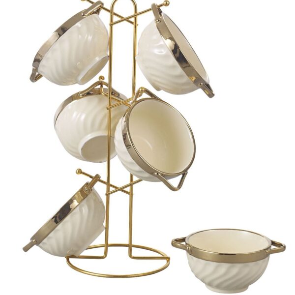 طقم مج شوربه بورسلين 6 قطع عل حامل استيل