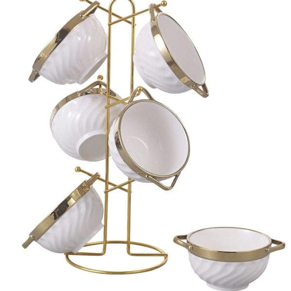 طقم مج شوربه بورسلين 6 قطع عل حامل استيل