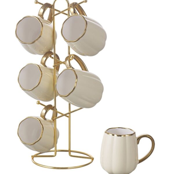 طقم مج كافيه بورسلين 6 قطع علي حامل استيل