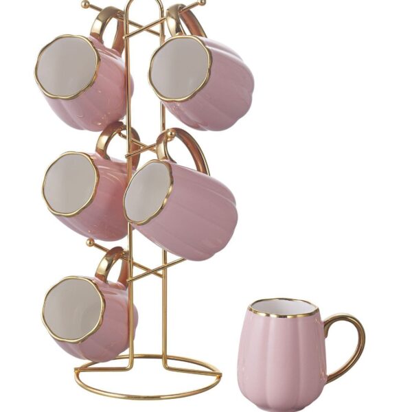 طقم مج كافيه بورسلين 6 قطع علي حامل استيل