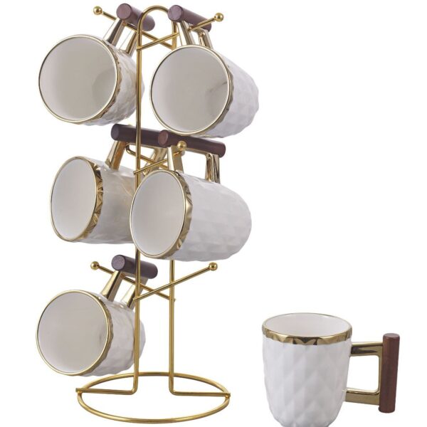 طقم مج كافيه بورسلين يد خشب 6 قطع علي حامل استيل