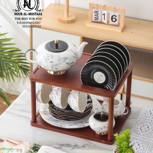 طقم شاي وجاتوه علي حامل خشب 25 قطعه