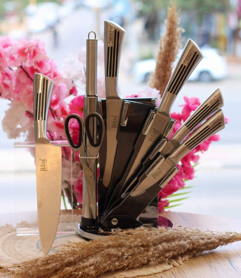 طقم سكاكين bass بحامل استيل 8 قطع