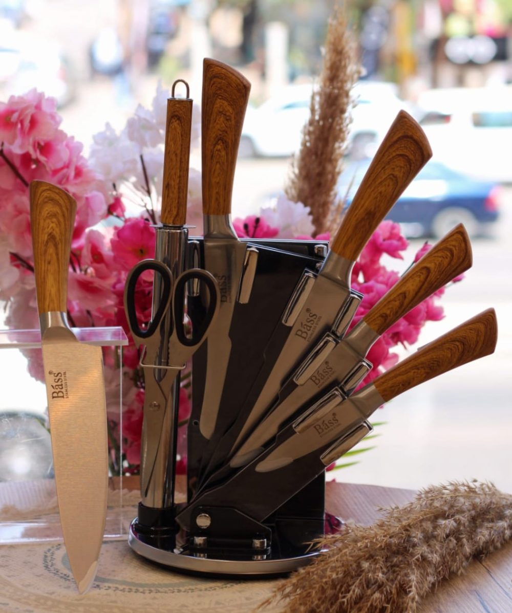 طقم سكاكين bass بحامل استيل 8 قطع