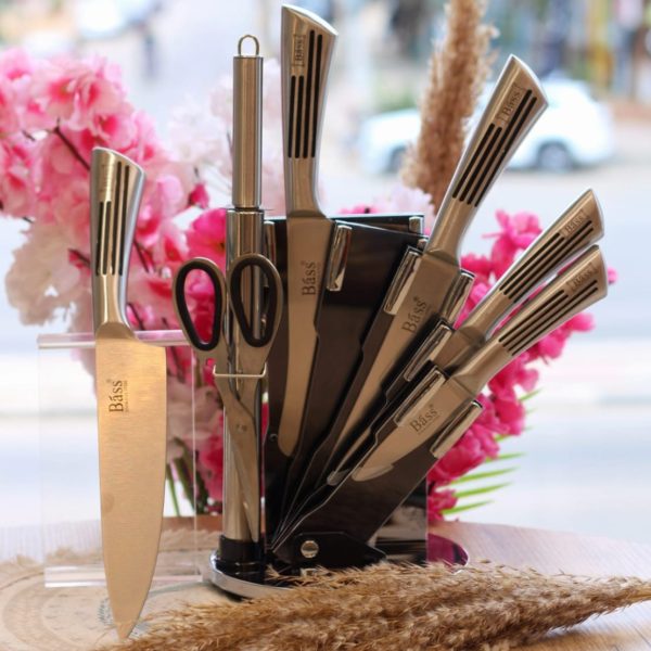طقم سكاكين bass بحامل استيل 8 قطع