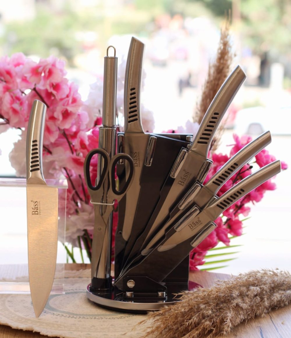 طقم سكاكين bass بحامل استيل 8 قطع