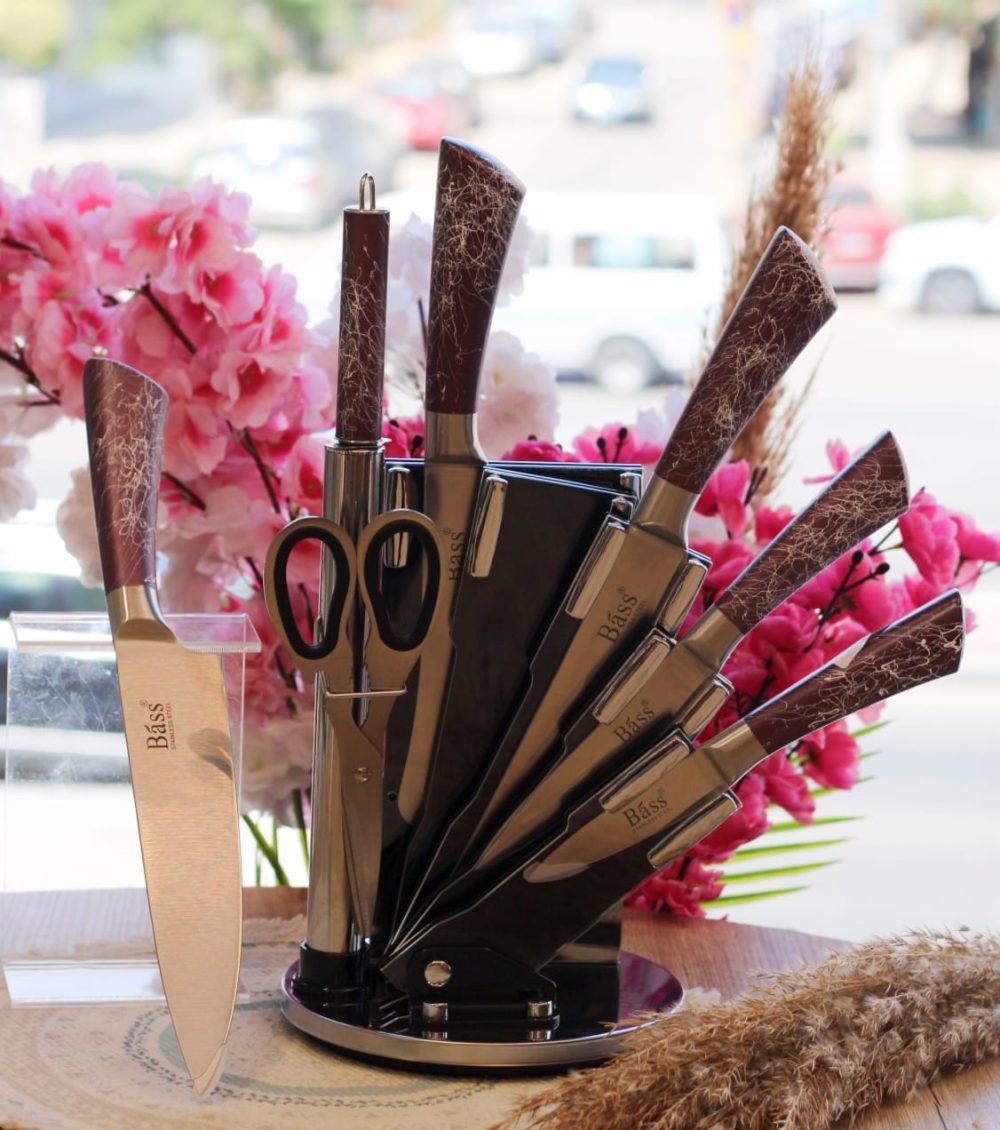 طقم سكاكين bass بحامل استيل 8 قطع
