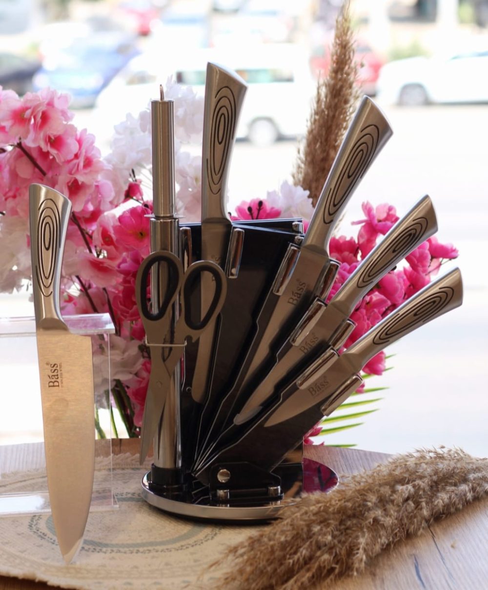 طقم سكاكين bass بحامل استيل 8 قطع